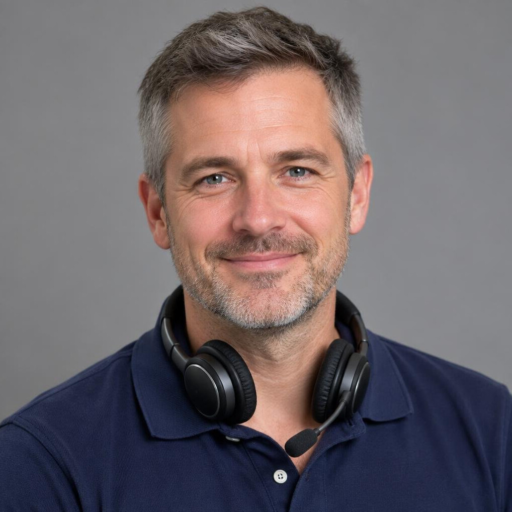 Portrait of a British man in his 40s with a headset around his neck
