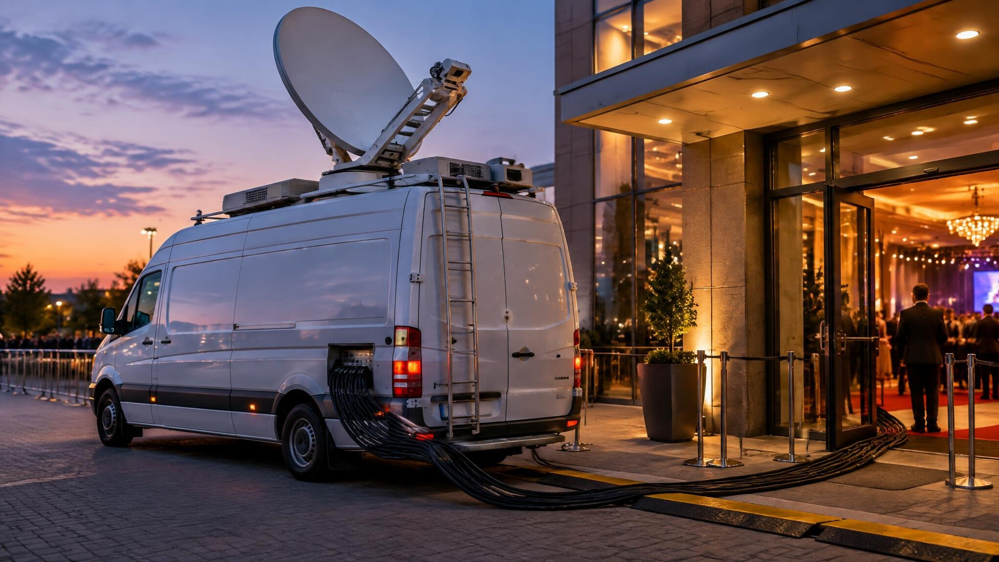 Outside broadcast van parked outside a venue at dusk with cables running inside