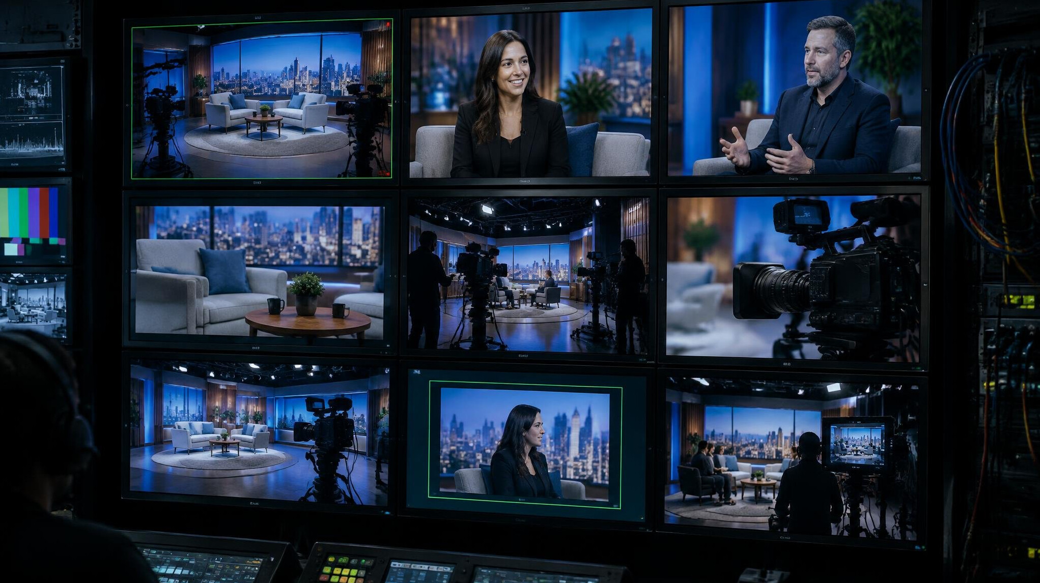 Bank of broadcast monitors showing live multi-camera feeds