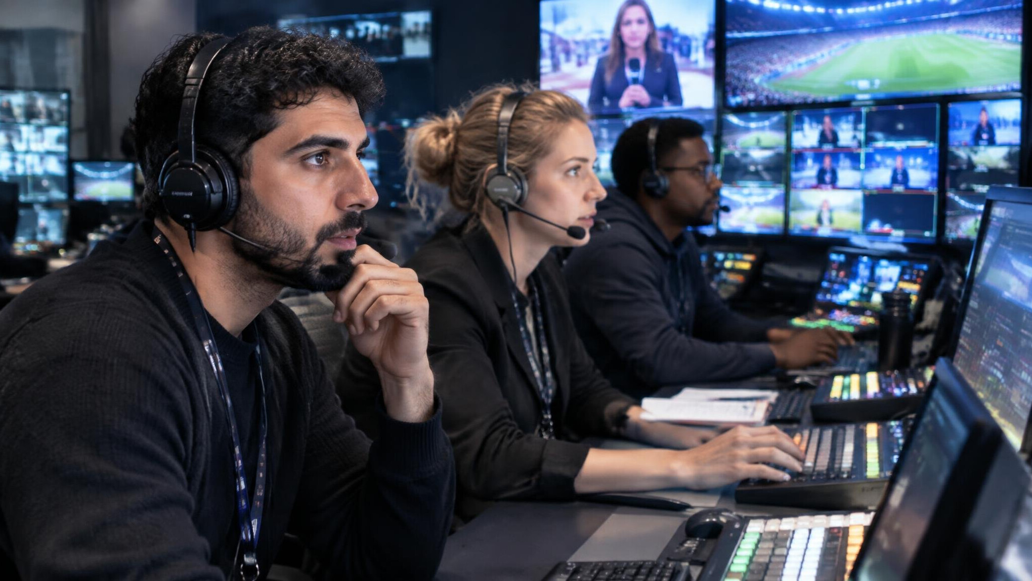 Production team in a control room during a live broadcast