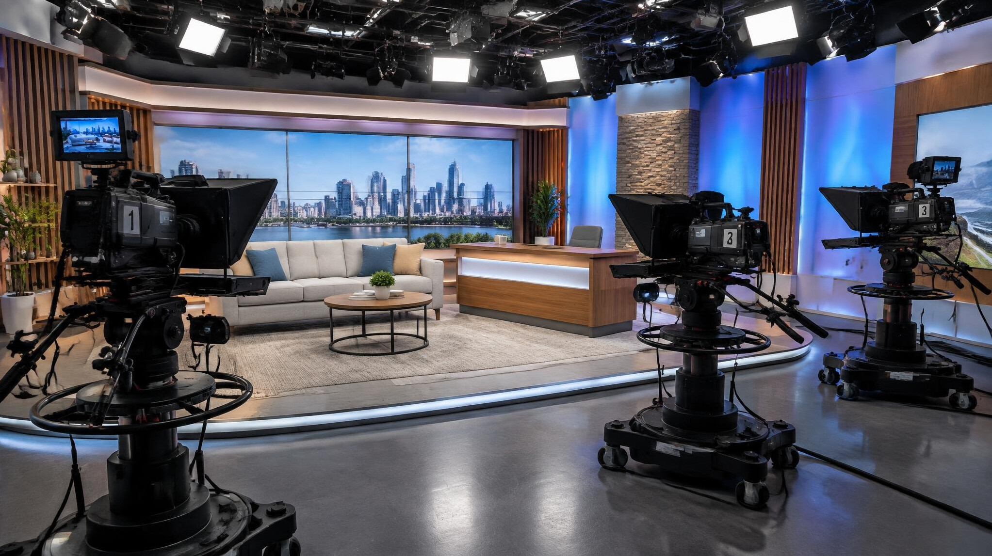 Multiple broadcast cameras positioned around a live studio set
