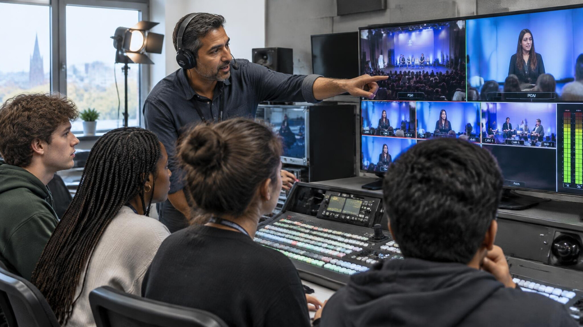 Instructor teaching students at a video vision mixer in a training studio