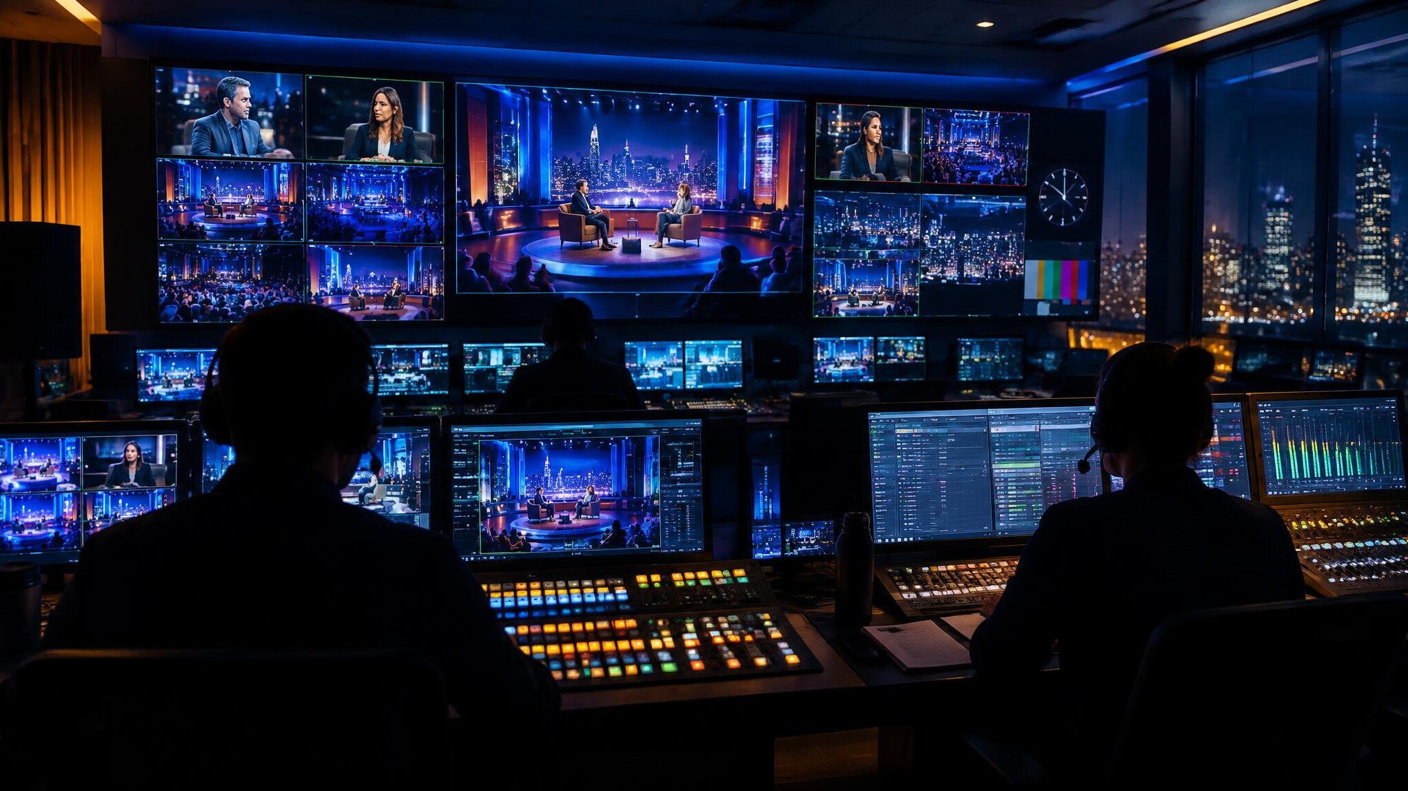 Television control room with multiple live broadcast monitors